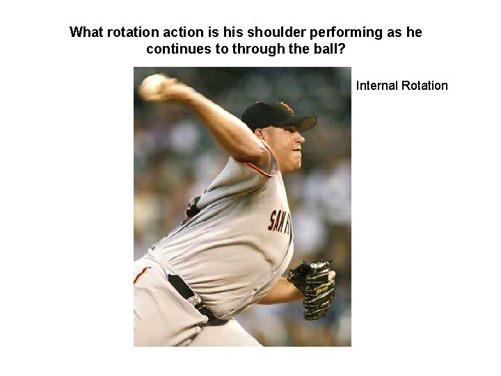 What rotation action is his shoulder performing as he continues to through the ball?