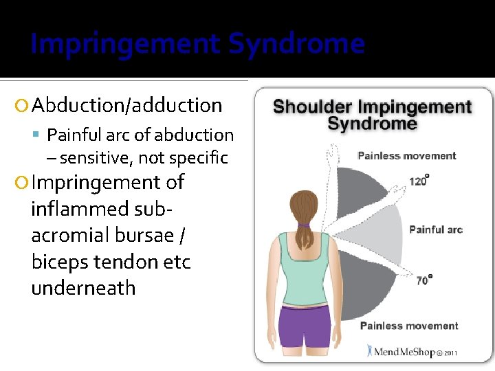 Impringement Syndrome Abduction/adduction Painful arc of abduction – sensitive, not specific Impringement of inflammed