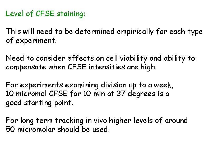 Level of CFSE staining: This will need to be determined empirically for each type