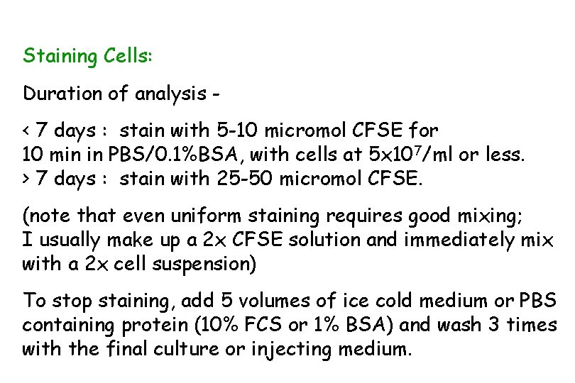 Staining Cells: Duration of analysis < 7 days : stain with 5 -10 micromol