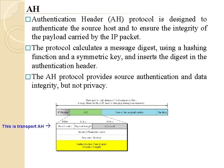 AH � Authentication Header (AH) protocol is designed to authenticate the source host and