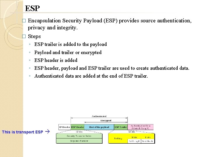 ESP Encapsulation Security Payload (ESP) provides source authentication, privacy and integrity. � Steps �