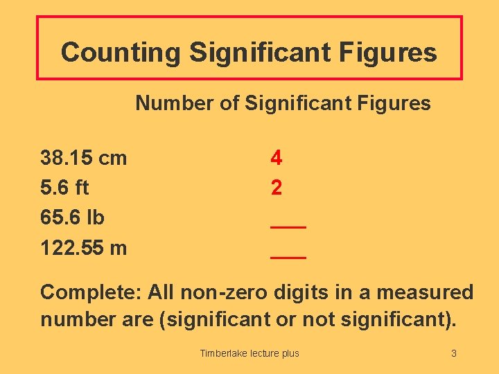 Counting Significant Figures Number of Significant Figures 38. 15 cm 5. 6 ft 65.