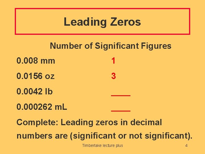 Leading Zeros Number of Significant Figures 0. 008 mm 1 0. 0156 oz 3