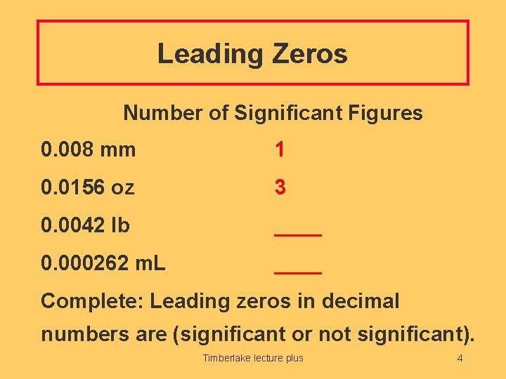 Leading Zeros Number of Significant Figures 0. 008 mm 1 0. 0156 oz 3