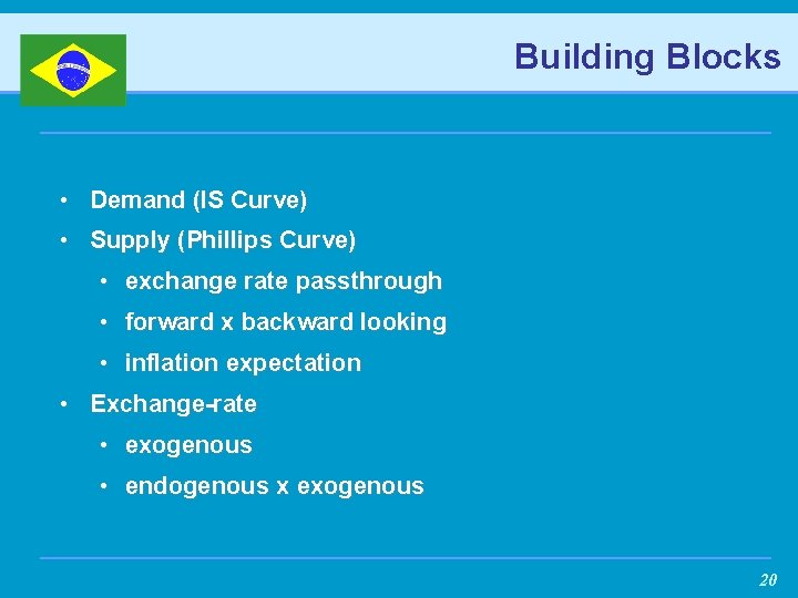 Building Blocks • Demand (IS Curve) • Supply (Phillips Curve) • exchange rate passthrough