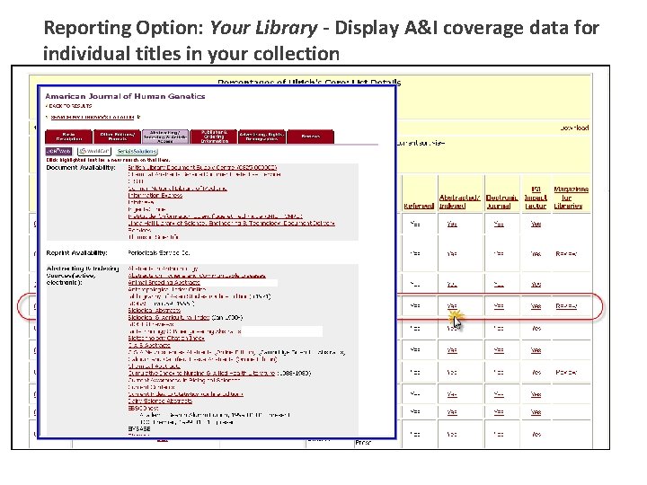 Reporting Option: Your Library - Display A&I coverage data for individual titles in your