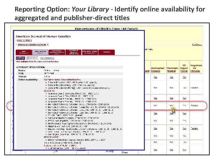 Reporting Option: Your Library - Identify online availability for aggregated and publisher-direct titles 