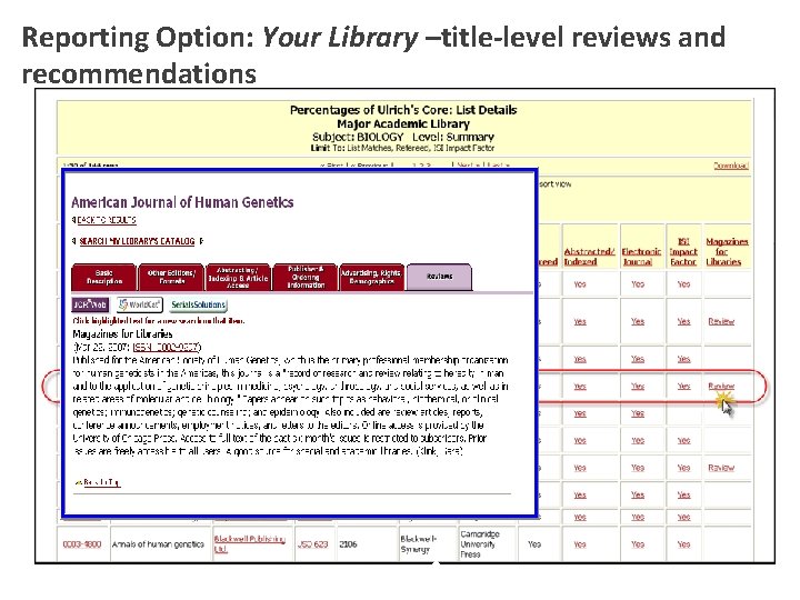 Reporting Option: Your Library –title-level reviews and recommendations 
