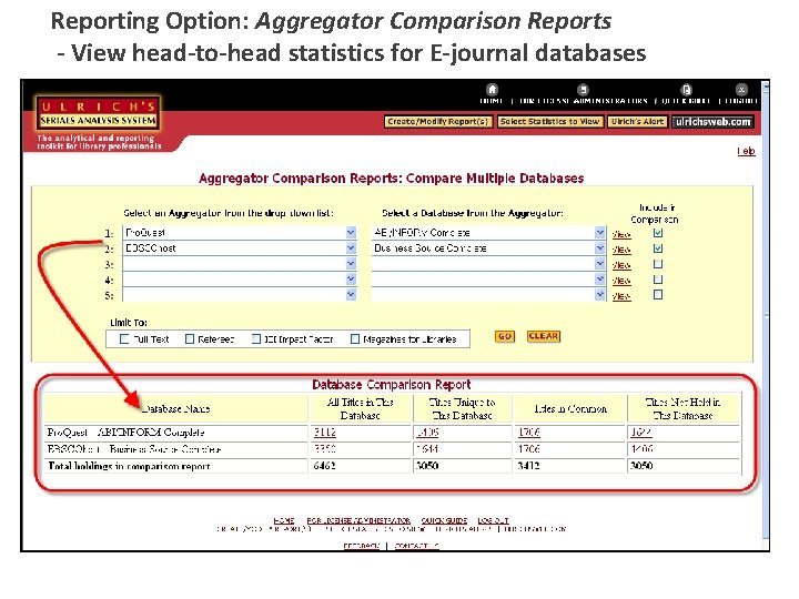 Reporting Option: Aggregator Comparison Reports - View head-to-head statistics for E-journal databases 