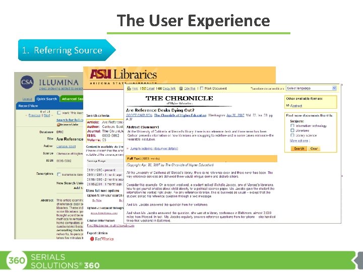 The User Experience 1. Referring Source 2. 360 Link Results Page 3. Full-Text/Article 