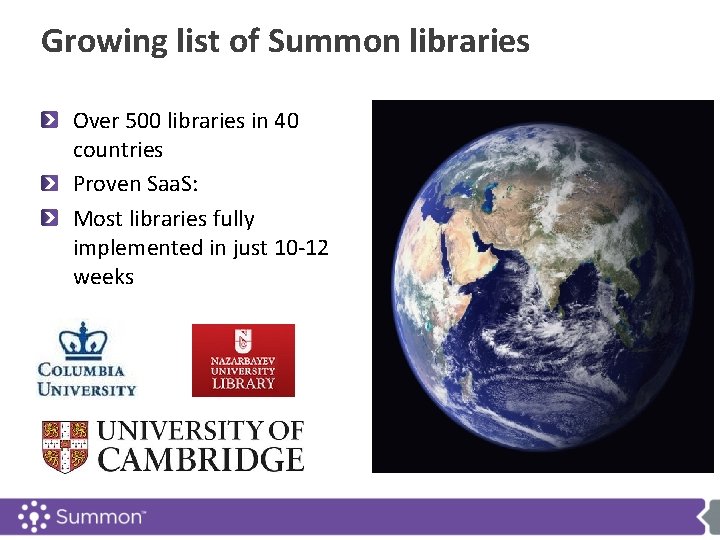 Growing list of Summon libraries Over 500 libraries in 40 countries Proven Saa. S: