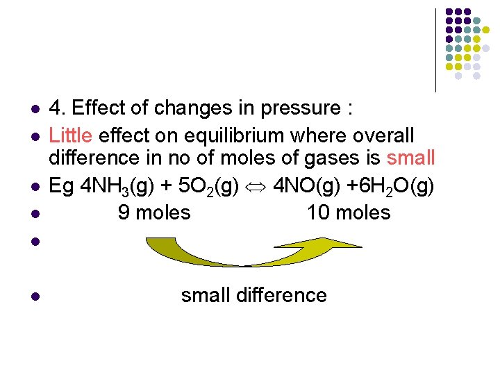 l l 4. Effect of changes in pressure : Little effect on equilibrium where