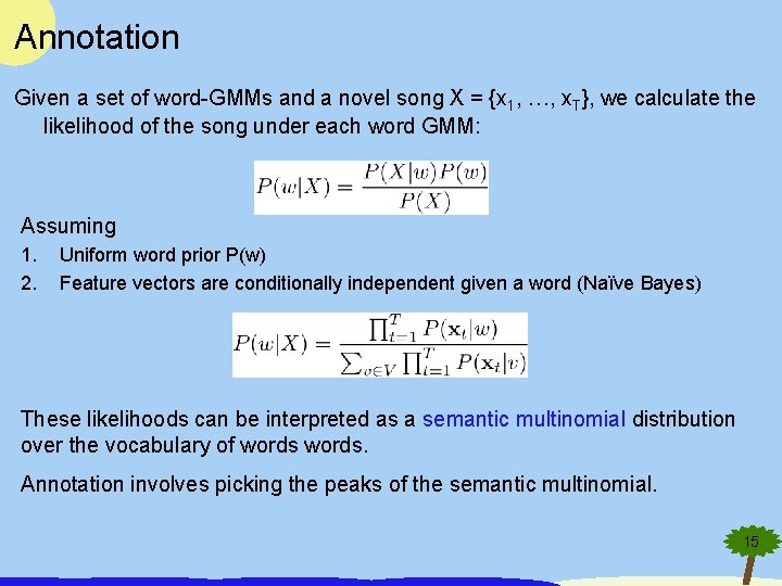 Annotation Given a set of word-GMMs and a novel song X = {x 1,