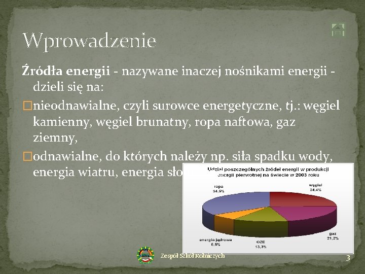 Wprowadzenie Źródła energii - nazywane inaczej nośnikami energii dzieli się na: �nieodnawialne, czyli surowce