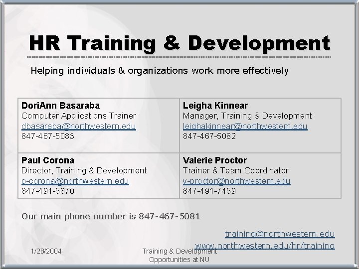 HR Training & Development Helping individuals & organizations work more effectively Dori. Ann Basaraba