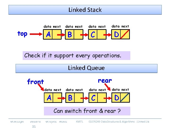 Linked Stack top Check if it support every operations. Linked Queue rear front Can
