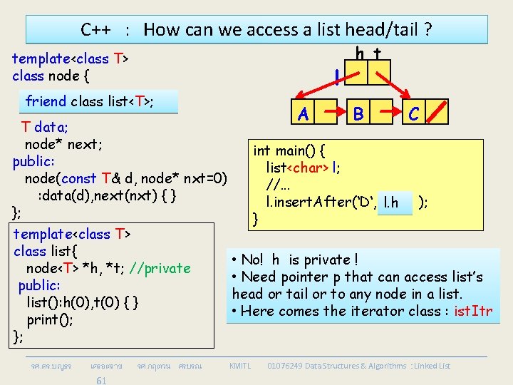 C++ : How can we access a list head/tail ? template<class T> class node
