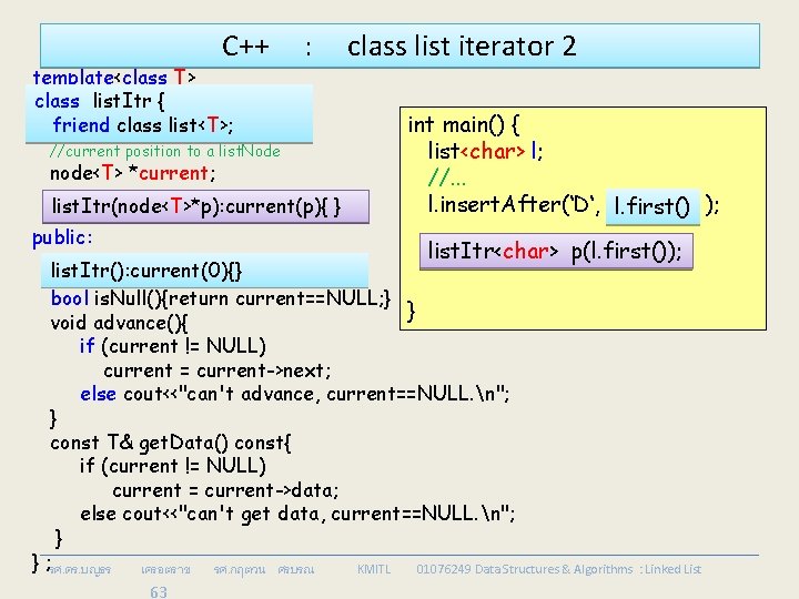 C++ template<class T> class list. Itr { friend class list<T>; : //current position to