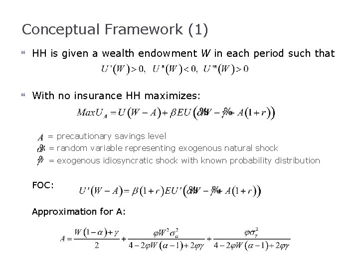 Conceptual Framework (1) HH is given a wealth endowment W in each period such