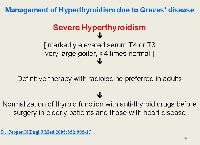 Management of Hyperthyroidism due to Graves’ disease Severe Hyperthyroidism [ markedly elevated serum T