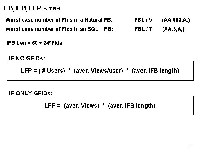 FB, IFB, LFP sizes. Worst case number of Flds in a Natural FB: FBL