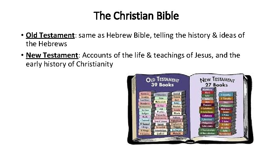 The Christian Bible • Old Testament: same as Hebrew Bible, telling the history &