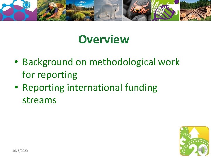 Overview • Background on methodological work for reporting • Reporting international funding streams 10/7/2020