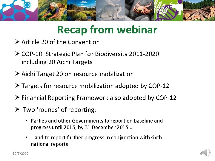 Recap from webinar Ø Article 20 of the Convention Ø COP-10: Strategic Plan for