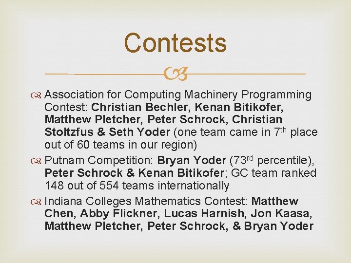 Contests Association for Computing Machinery Programming Contest: Christian Bechler, Kenan Bitikofer, Matthew Pletcher, Peter
