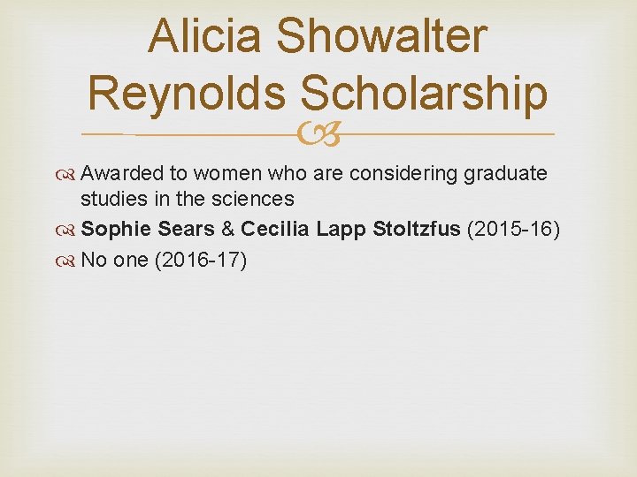 Alicia Showalter Reynolds Scholarship Awarded to women who are considering graduate studies in the