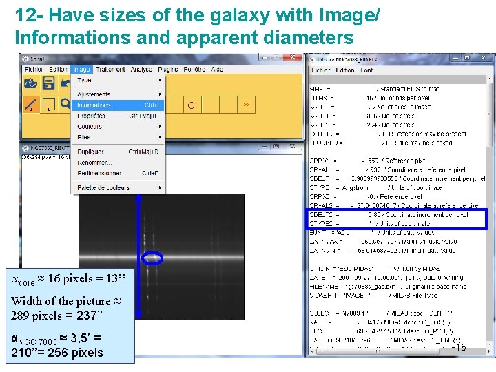 12 - Have sizes of the galaxy with Image/ Informations and apparent diameters acore