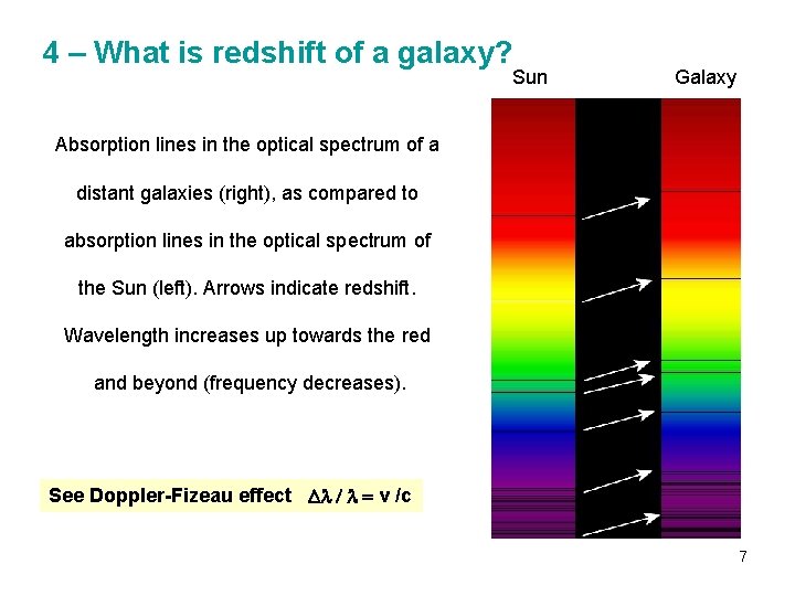 4 – What is redshift of a galaxy? Sun Galaxy Absorption lines in the