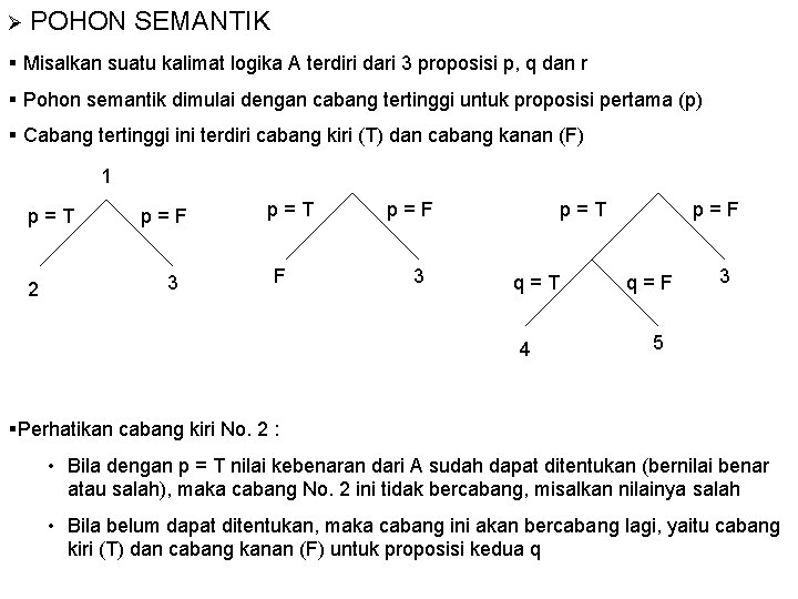 Ø POHON SEMANTIK § Misalkan suatu kalimat logika A terdiri dari 3 proposisi p,