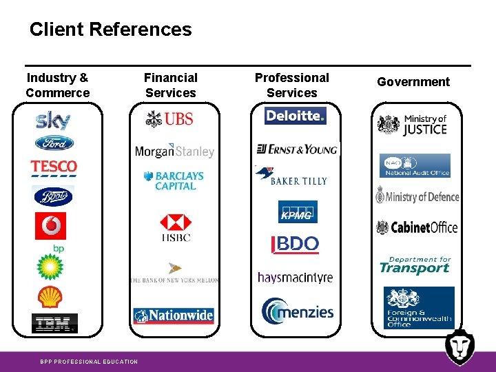 Client References Industry & Commerce BPP PROFESSIONAL EDUCATION Financial Services Professional Services Government 