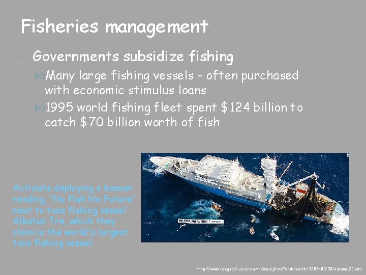 Fisheries management Governments subsidize fishing Many large fishing vessels – often purchased with economic