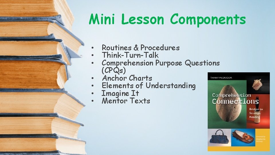 Mini Lesson Components • • Routines & Procedures Think-Turn-Talk Comprehension Purpose Questions (CPQs) Anchor