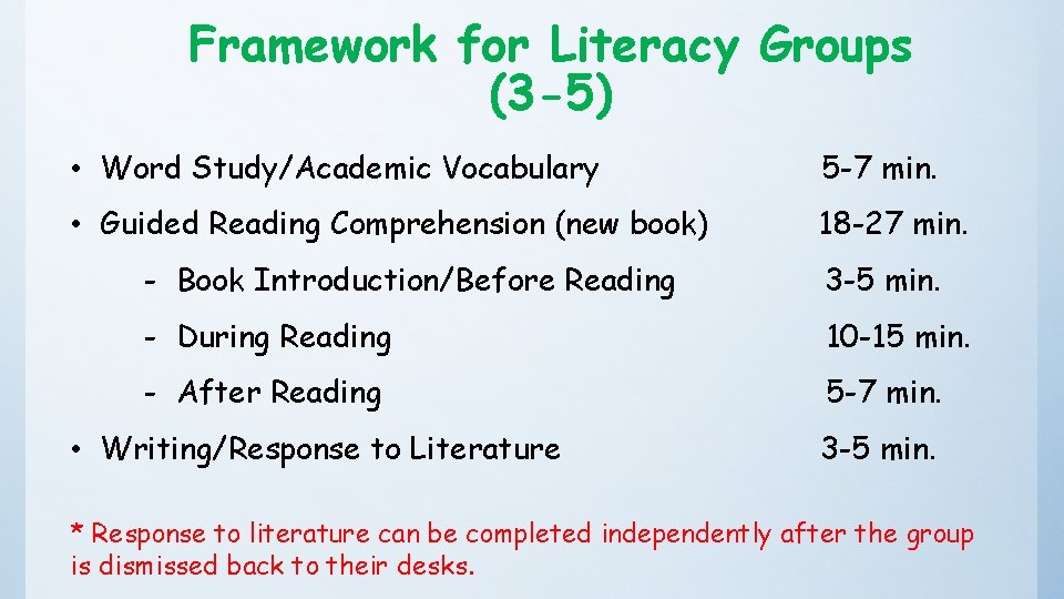 Framework for Literacy Groups (3 -5) • Word Study/Academic Vocabulary 5 -7 min. •