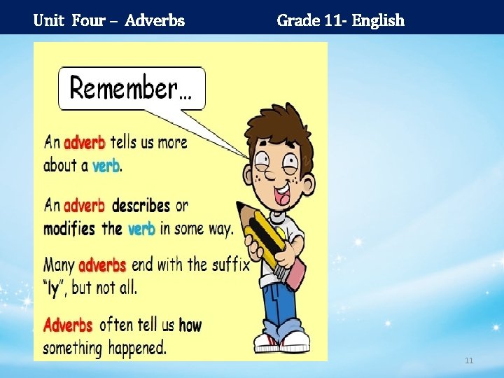 Unit Four – Adverbs Grade 11 - English 11 