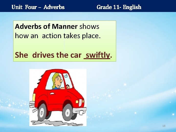 Unit Four – Adverbs Grade 11 - English Adverbs of Manner shows how an