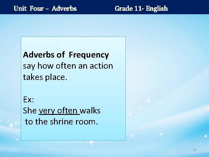Unit Four – Adverbs Grade 11 - English Adverbs of Frequency say how often