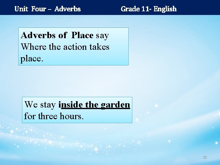 Unit Four – Adverbs Grade 11 - English Adverbs of Place say Where the