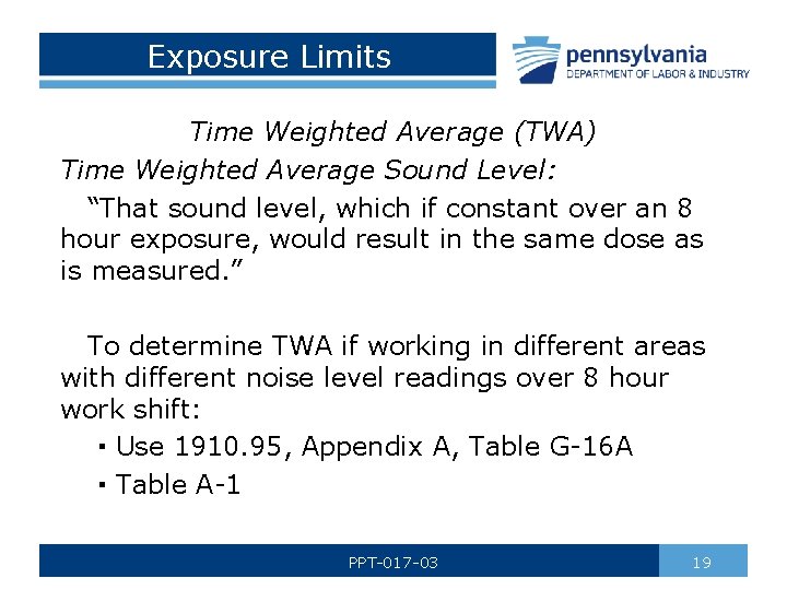 Exposure Limits Time Weighted Average (TWA) Time Weighted Average Sound Level: “That sound level,