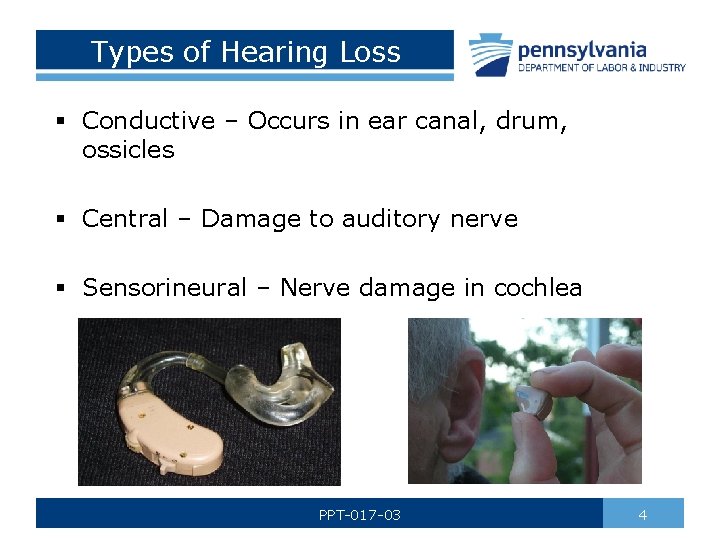 Types of Hearing Loss § Conductive – Occurs in ear canal, drum, ossicles §