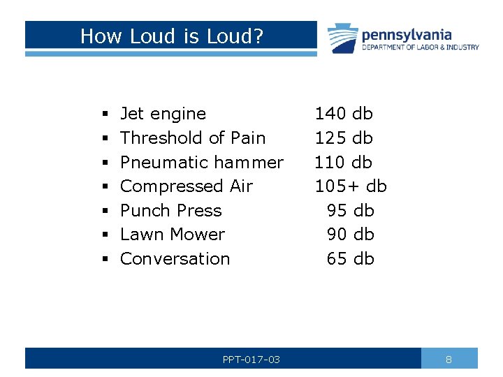 How Loud is Loud? § § § § Jet engine Threshold of Pain Pneumatic