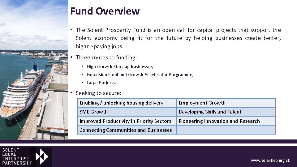 Fund Overview • The Solent Prosperity Fund is an open call for capital projects