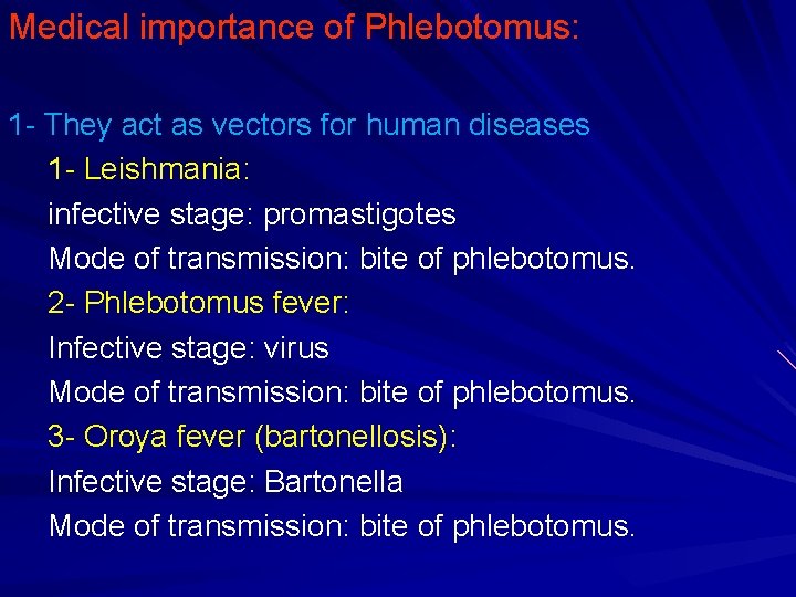 Medical importance of Phlebotomus: 1 - They act as vectors for human diseases 1