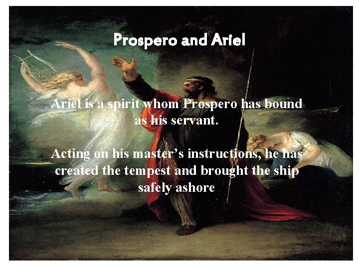 Prospero and Ariel is a spirit whom Prospero has bound as his servant. Acting