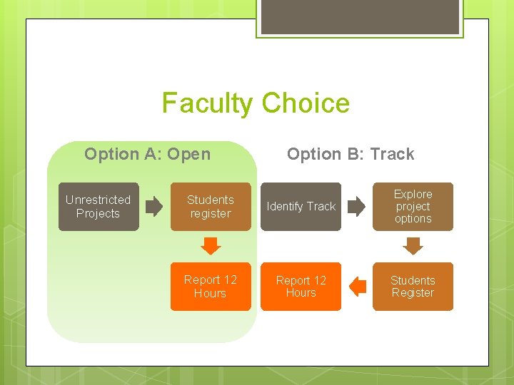 Faculty Choice Option A: Open Unrestricted Projects Option B: Track Students register Identify Track