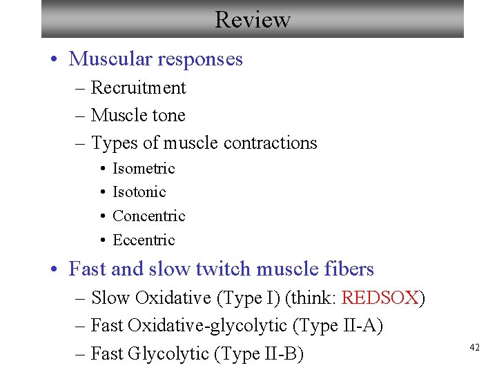 Review • Muscular responses – Recruitment – Muscle tone – Types of muscle contractions